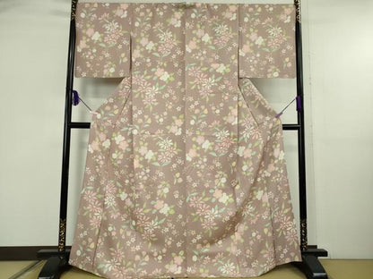 平和屋着物▽極上　小紋　単衣　草花文　梅鼠色地　逸品　DZAB5822kh6
