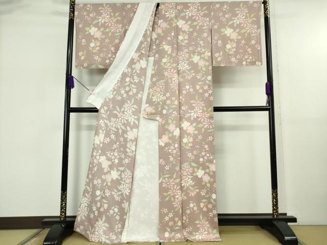 平和屋着物▽極上　小紋　単衣　草花文　梅鼠色地　逸品　DZAB5822kh6