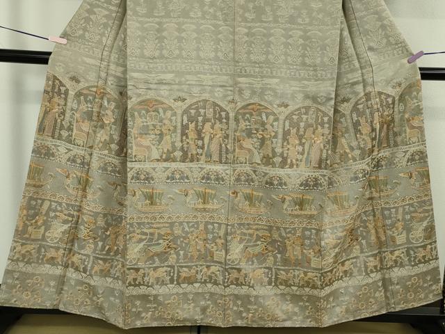 平和屋本店●極上 中国三大刺繍 スワトウ刺繍 汕頭刺繍 訪問着 天目織 お召地 エジプト壁画文様 茶鼠色地 金糸 逸品　未使用　DZAB5825kh6