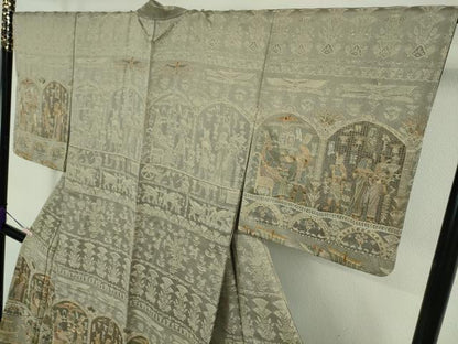 平和屋本店●極上 中国三大刺繍 スワトウ刺繍 汕頭刺繍 訪問着 天目織 お召地 エジプト壁画文様 茶鼠色地 金糸 逸品　未使用　DZAB5825kh6