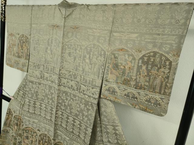 平和屋本店●極上 中国三大刺繍 スワトウ刺繍 汕頭刺繍 訪問着 天目織 お召地 エジプト壁画文様 茶鼠色地 金糸 逸品　未使用　DZAB5825kh6