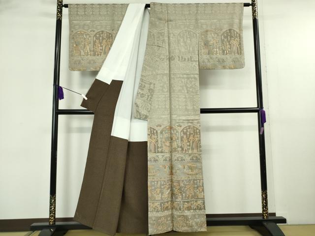 平和屋本店●極上 中国三大刺繍 スワトウ刺繍 汕頭刺繍 訪問着 天目織 お召地 エジプト壁画文様 茶鼠色地 金糸 逸品　未使用　DZAB5825kh6