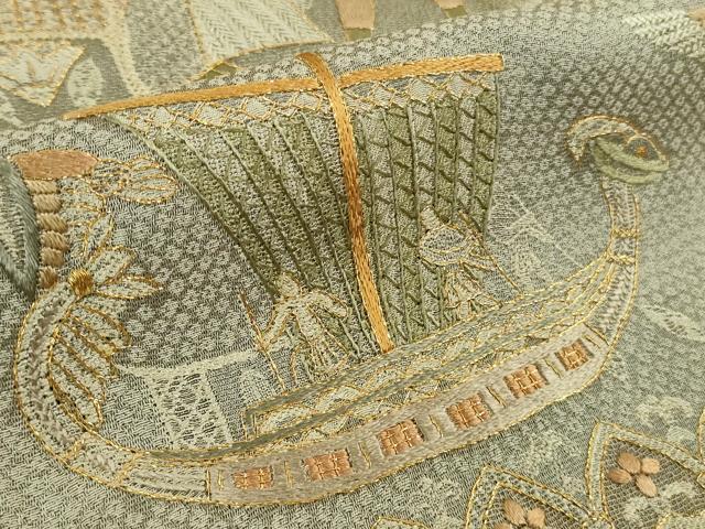 平和屋本店●極上 中国三大刺繍 スワトウ刺繍 汕頭刺繍 訪問着 天目織 お召地 エジプト壁画文様 茶鼠色地 金糸 逸品　未使用　DZAB5825kh6