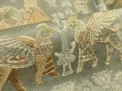 平和屋本店●極上 中国三大刺繍 スワトウ刺繍 汕頭刺繍 訪問着 天目織 お召地 エジプト壁画文様 茶鼠色地 金糸 逸品　未使用　DZAB5825kh6