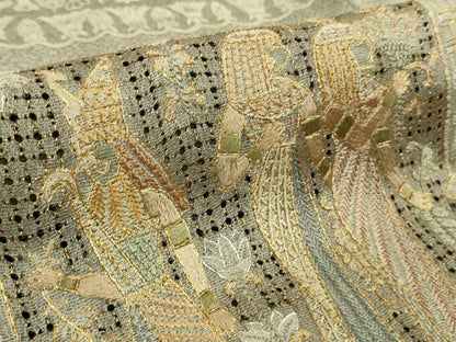 平和屋本店●極上 中国三大刺繍 スワトウ刺繍 汕頭刺繍 訪問着 天目織 お召地 エジプト壁画文様 茶鼠色地 金糸 逸品　未使用　DZAB5825kh6