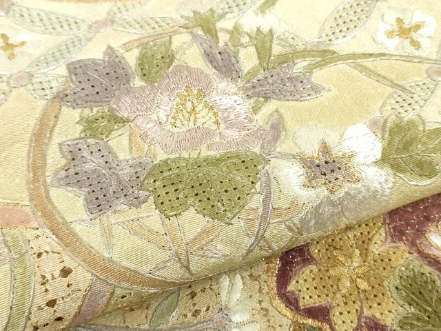平和屋本店●極上　中国三大刺繍　スワトウ刺繍　汕頭刺繍　訪問着　四季花文　肌色地　金糸　やまと誂製　逸品　DZAB5826kh6