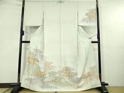 平和屋着物●極上　訪問着　駒刺繍　宝尽くし飛鶴霞文　白緑色地　暈し染め　金彩　反端付き　逸品　DZAB5827kh6