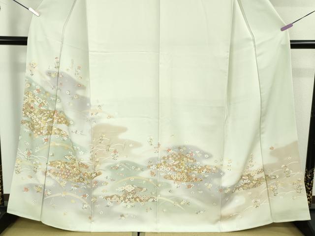 平和屋着物●極上　訪問着　駒刺繍　宝尽くし飛鶴霞文　白緑色地　暈し染め　金彩　反端付き　逸品　DZAB5827kh6