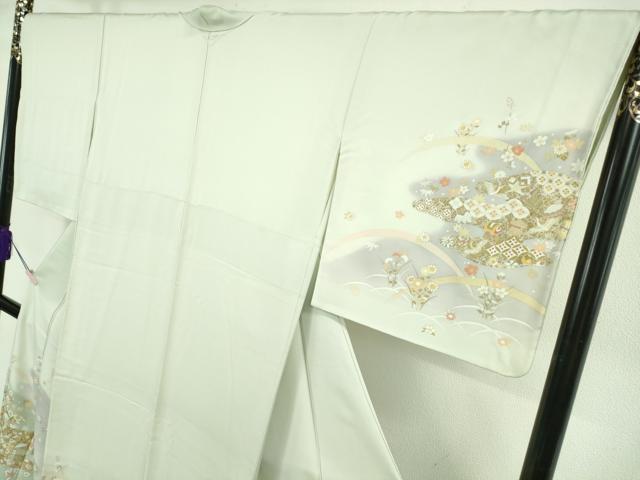 平和屋着物●極上　訪問着　駒刺繍　宝尽くし飛鶴霞文　白緑色地　暈し染め　金彩　反端付き　逸品　DZAB5827kh6
