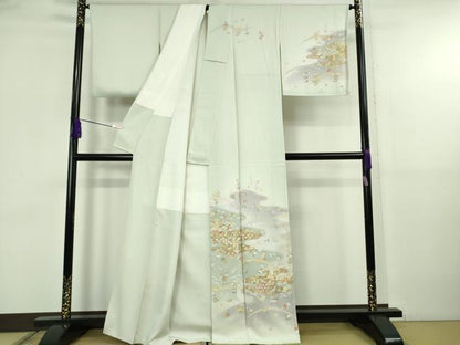 平和屋着物●極上　訪問着　駒刺繍　宝尽くし飛鶴霞文　白緑色地　暈し染め　金彩　反端付き　逸品　DZAB5827kh6