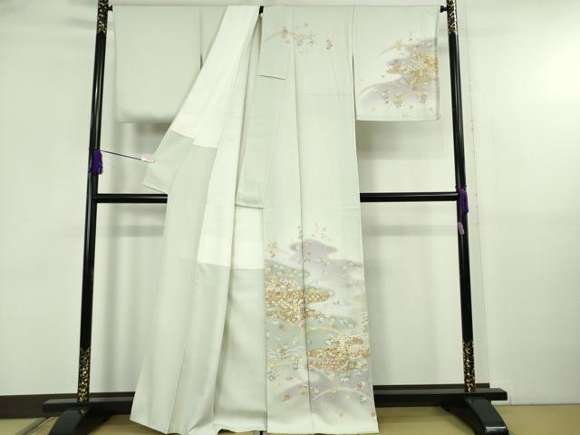 平和屋着物●極上　訪問着　駒刺繍　宝尽くし飛鶴霞文　白緑色地　暈し染め　金彩　反端付き　逸品　DZAB5827kh6