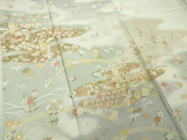 平和屋着物●極上　訪問着　駒刺繍　宝尽くし飛鶴霞文　白緑色地　暈し染め　金彩　反端付き　逸品　DZAB5827kh6