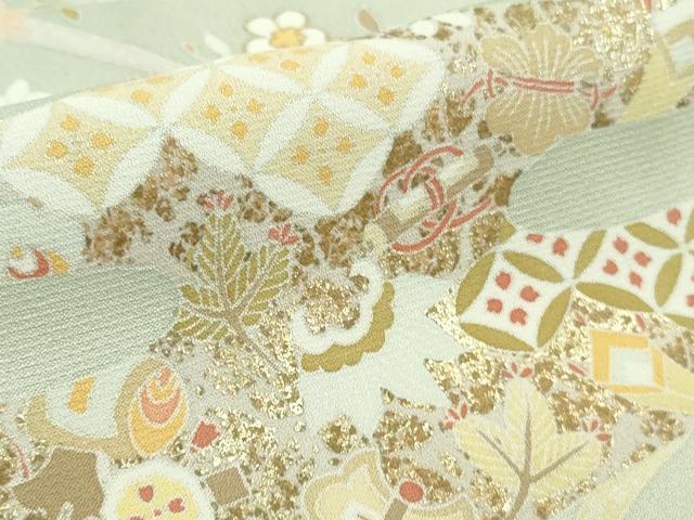 平和屋着物●極上　訪問着　駒刺繍　宝尽くし飛鶴霞文　白緑色地　暈し染め　金彩　反端付き　逸品　DZAB5827kh6