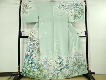 平和屋本店●極上　訪問着　友禅　作家物　春水　四季花文　青磁鼠色地　暈し染め　逸品　DZAB5828kh6