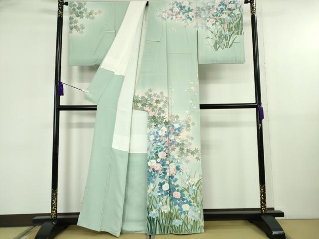 平和屋本店●極上　訪問着　友禅　作家物　春水　四季花文　青磁鼠色地　暈し染め　逸品　DZAB5828kh6