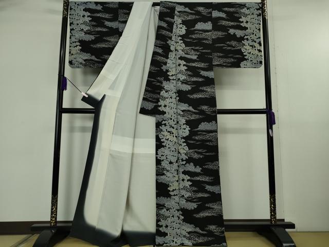 平和屋着物●極上　染色作家　石田凱宣　訪問着　樹林文　黒地　逸品　DZAB5832kh6