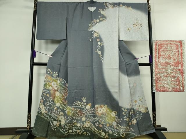 平和屋着物●極上　越後十日町の一流染匠　桐屋・翠山工房 徳永憲峰　辻が花　舞蝶文　暈し染め　金彩　銀通し地　振袖　逸品　DZAB4897kh6 平和屋着物○極上 越後十日町の一流染匠 桐屋・翠山工房 徳永憲峯 訪問