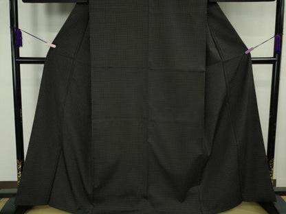 平和屋本店●極上　お召　吉野間道　黒地　反端付き　逸品　DZAB5843kh6