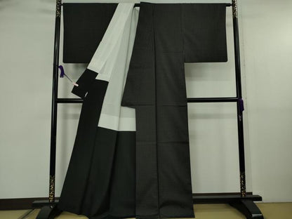 平和屋本店●極上　お召　吉野間道　黒地　反端付き　逸品　DZAB5843kh6