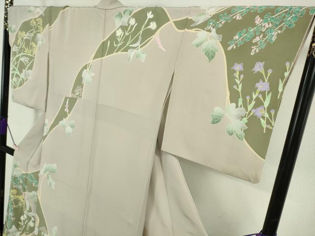 平和屋本店●極上　本加賀友禅作家　由水煌人　訪問着　草花文　薄柿色地　逸品　DZAB5853kh6