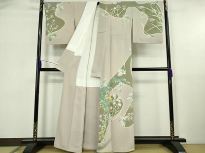 平和屋本店●極上　本加賀友禅作家　由水煌人　訪問着　草花文　薄柿色地　逸品　DZAB5853kh6