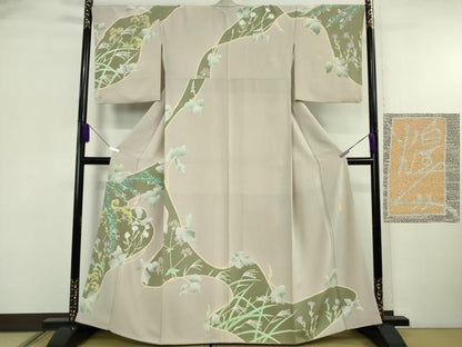 平和屋本店●極上　本加賀友禅作家　由水煌人　訪問着　草花文　薄柿色地　逸品　DZAB5853kh6