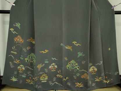 平和屋本店●希少　友禅染色家　品川恭子　色留袖　舞鳥草花文　藍墨茶色地　金彩　鬼しぼ縮緬　逸品　DZAB5856kh6