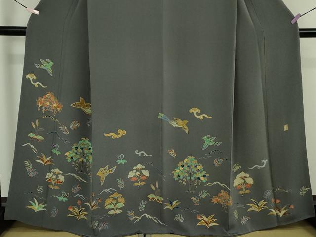 平和屋本店●希少　友禅染色家　品川恭子　色留袖　舞鳥草花文　藍墨茶色地　金彩　鬼しぼ縮緬　逸品　DZAB5856kh6