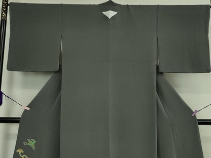 平和屋本店●希少　友禅染色家　品川恭子　色留袖　舞鳥草花文　藍墨茶色地　金彩　鬼しぼ縮緬　逸品　DZAB5856kh6