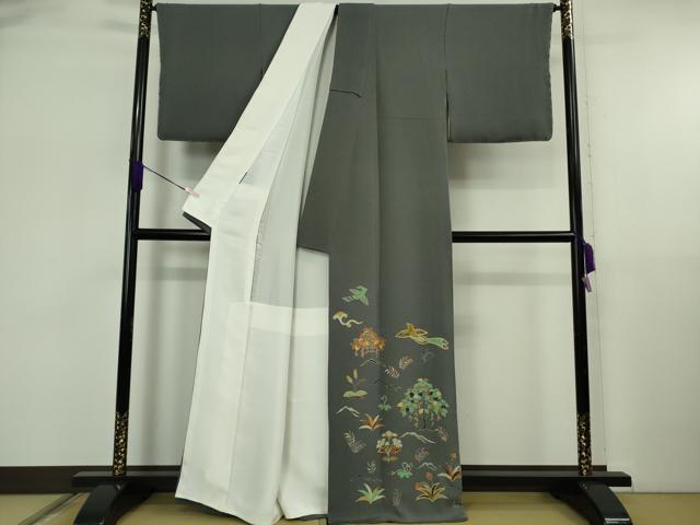 平和屋本店●希少　友禅染色家　品川恭子　色留袖　舞鳥草花文　藍墨茶色地　金彩　鬼しぼ縮緬　逸品　DZAB5856kh6