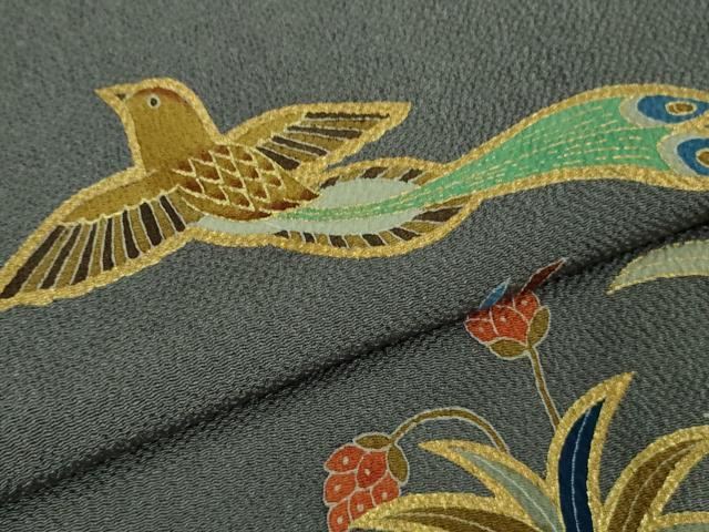 平和屋本店●希少　友禅染色家　品川恭子　色留袖　舞鳥草花文　藍墨茶色地　金彩　鬼しぼ縮緬　逸品　DZAB5856kh6
