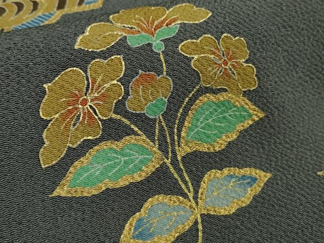 平和屋本店●希少　友禅染色家　品川恭子　色留袖　舞鳥草花文　藍墨茶色地　金彩　鬼しぼ縮緬　逸品　DZAB5856kh6