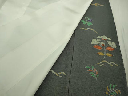 平和屋本店●希少　友禅染色家　品川恭子　色留袖　舞鳥草花文　藍墨茶色地　金彩　鬼しぼ縮緬　逸品　DZAB5856kh6