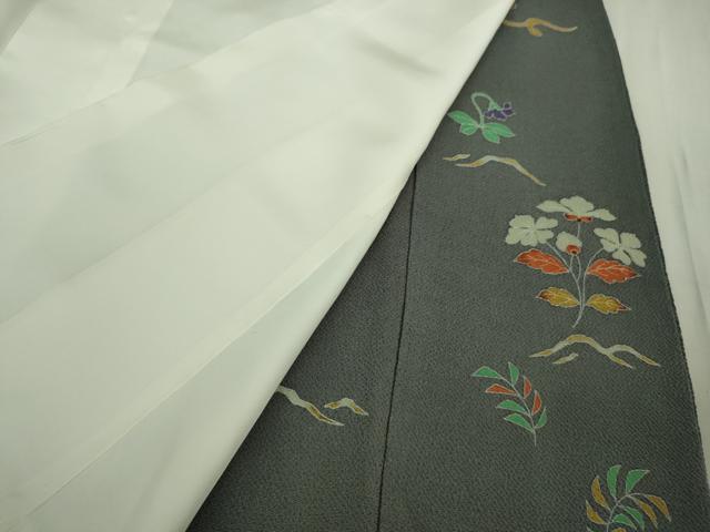 平和屋本店●希少　友禅染色家　品川恭子　色留袖　舞鳥草花文　藍墨茶色地　金彩　鬼しぼ縮緬　逸品　DZAB5856kh6