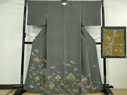 平和屋本店●希少　友禅染色家　品川恭子　色留袖　舞鳥草花文　藍墨茶色地　金彩　鬼しぼ縮緬　逸品　DZAB5856kh6