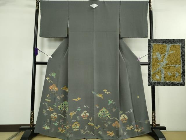 平和屋本店●希少　友禅染色家　品川恭子　色留袖　舞鳥草花文　藍墨茶色地　金彩　鬼しぼ縮緬　逸品　DZAB5856kh6