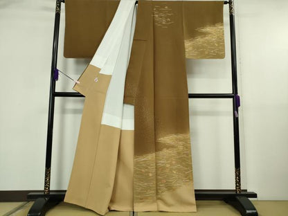 平和屋本店●極上　人間国宝　福田喜三郎　訪問着　刺繍　吹寄せ松葉文　朽葉色地　暈し染め　金彩　大丸扱い　逸品　未使用　DZAB5860kh6