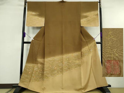 平和屋本店●極上　人間国宝　福田喜三郎　訪問着　刺繍　吹寄せ松葉文　朽葉色地　暈し染め　金彩　大丸扱い　逸品　未使用　DZAB5860kh6