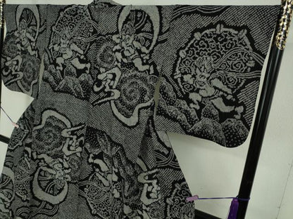 平和屋本店∴極上　夏物　浴衣　有松鳴海絞り　風神雷神　黒地　綿　逸品　DZAB5869kh6