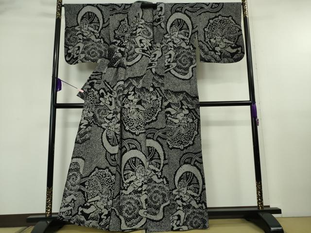 平和屋本店∴極上　夏物　浴衣　有松鳴海絞り　風神雷神　黒地　綿　逸品　DZAB5869kh6