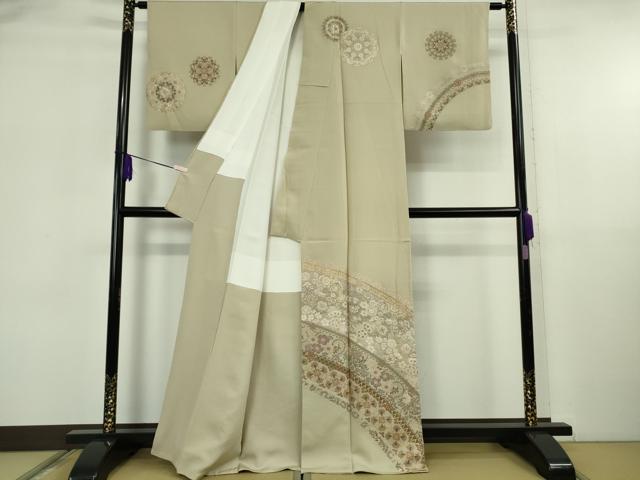 平和屋本店●極上　中国三大刺繍　相良刺繍　総刺繍　訪問着　正倉院花唐草文　白橡色地　金糸　逸品　DZAB5884kh6