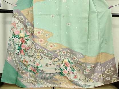 平和屋着物●極上　英王室献上友禅作家　木下勝功　訪問着　刺繍　舞桜鴛鴦　四季花蝶文　金彩　逸品　DZAB5885kh6