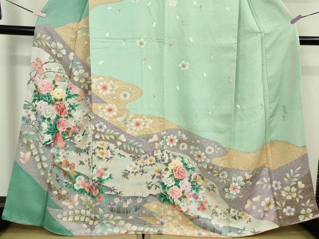 平和屋着物●極上　英王室献上友禅作家　木下勝功　訪問着　刺繍　舞桜鴛鴦　四季花蝶文　金彩　逸品　DZAB5885kh6
