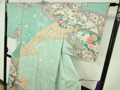 平和屋着物●極上　英王室献上友禅作家　木下勝功　訪問着　刺繍　舞桜鴛鴦　四季花蝶文　金彩　逸品　DZAB5885kh6
