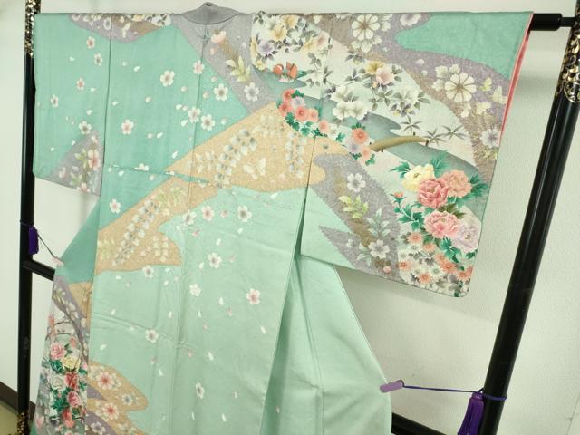 平和屋着物●極上　英王室献上友禅作家　木下勝功　訪問着　刺繍　舞桜鴛鴦　四季花蝶文　金彩　逸品　DZAB5885kh6