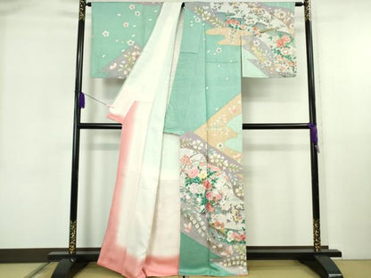 平和屋着物●極上　英王室献上友禅作家　木下勝功　訪問着　刺繍　舞桜鴛鴦　四季花蝶文　金彩　逸品　DZAB5885kh6
