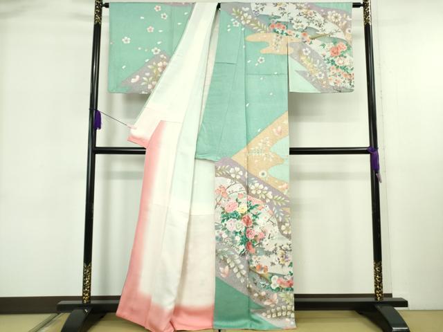 平和屋着物●極上　英王室献上友禅作家　木下勝功　訪問着　刺繍　舞桜鴛鴦　四季花蝶文　金彩　逸品　DZAB5885kh6