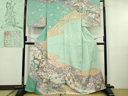 平和屋着物●極上　英王室献上友禅作家　木下勝功　訪問着　刺繍　舞桜鴛鴦　四季花蝶文　金彩　逸品　DZAB5885kh6