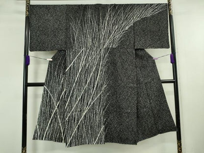 平和屋着物●極上　男性　訪問着　たたき染め　草葉文　黒地　逸品　DZAB5889kh6