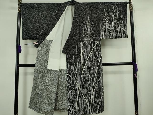 平和屋着物○極上 男性 訪問着 たたき染め 草葉文 黒地 逸品 DZAB5889kh6